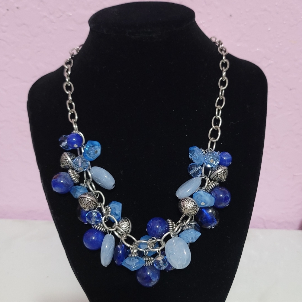 Studio Works Blue Glass Victorian Beaded Silver Tone Statement Necklace